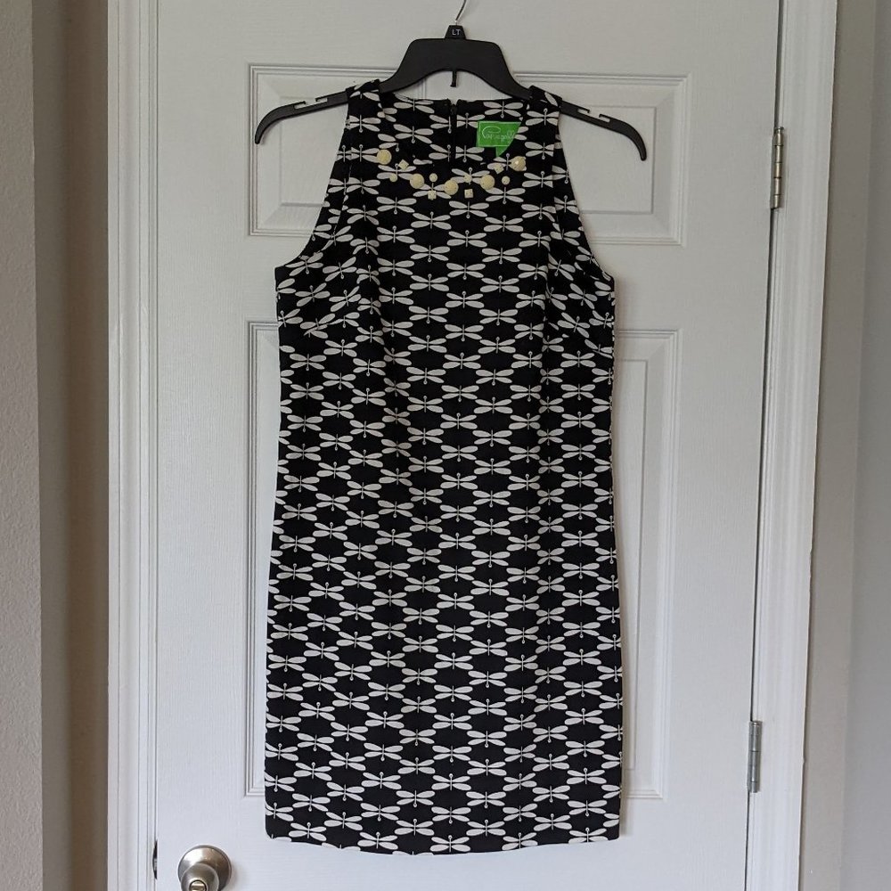 Pappagallo Black/White Dragonfly Pattern Beaded Neck Work/Office Dress -…